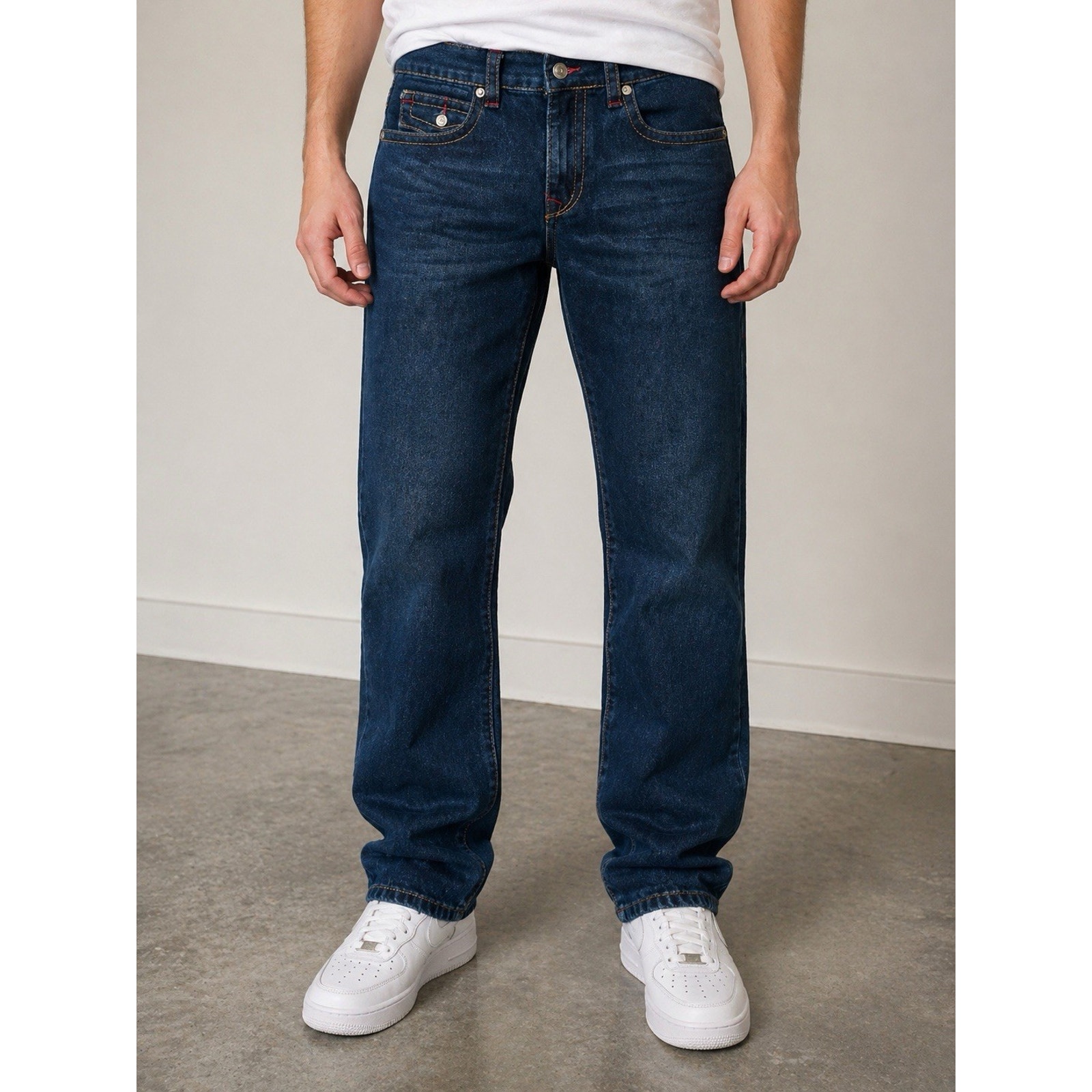 True Religion Rocco Relaxed Skinny Jeans Men's 34x31 Flap Pocket Red Stitch